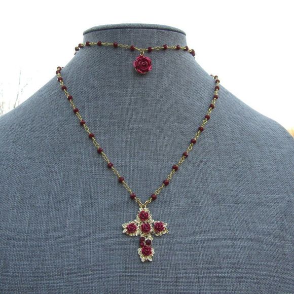 Double Hung Rosary Inspired Necklace Gold Red Rose Cross - Picture 1 of 4